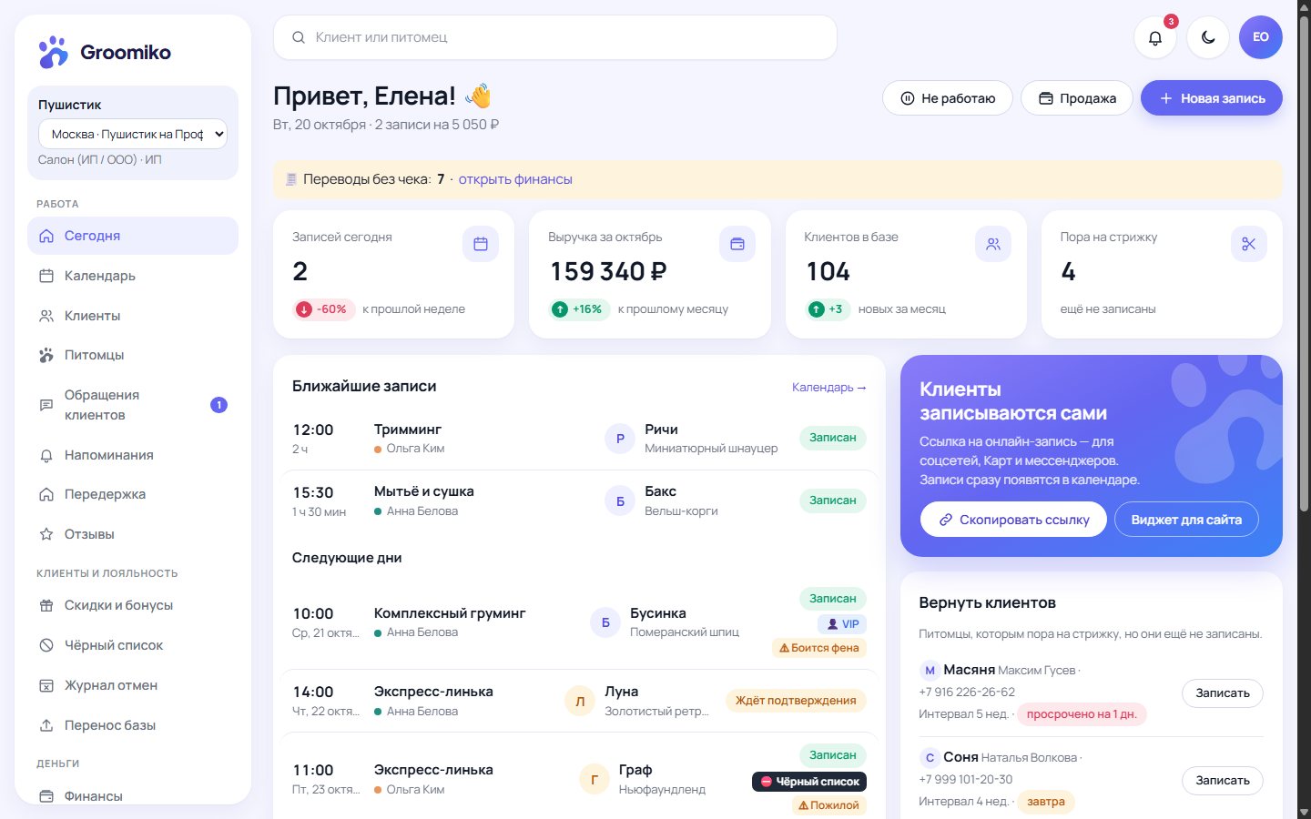 Кабинет Groomiko: записи на сегодня, выручка, клиенты, которым пора на стрижку